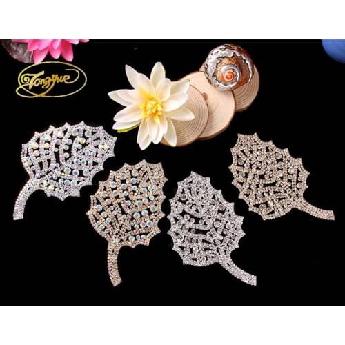Free Shipping 1PC Leaf Shape Paint Peach Crystal Rhinestones for Bridal Wedding Dresses 15*9cm