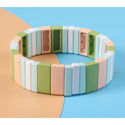 Bohemia Style Handmade Enamel Rainbow Tile Bracelet Colorful Painted Metal Cuff Beaded Bracelet Bestfriend Gift for Women Girls