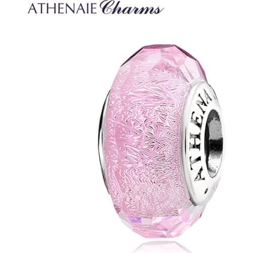 ATHENAIE 100% 925 Sterling Silver Pink Faceted Murano Glass Beads Core Shimmer Charms Bead for Women Bracelet Necklace Jewerly