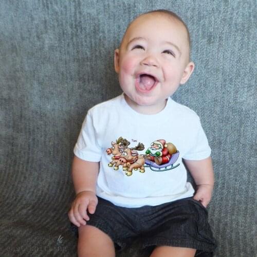 DERMSPE New Arrival Kids Short Sleeved Round Neck Clothes Christmas Sleigh Graphic Print Boy Girl White Cartoon Top T-Shirt