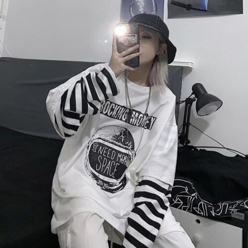 Women Stripes Patchwork Letters Print Blouse Fake Two Piece Oversized T-shirt Summer Tops For Women 2021 Blouse Korean
