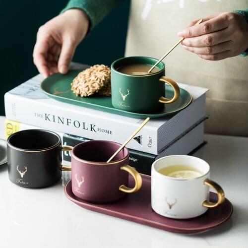 European Luxurious Gold Rim Ceramics Coffee Cups And Saucers Spoon Sets With Gift Box Tea Soy Milk Breakfast Mugs Dessert Plate