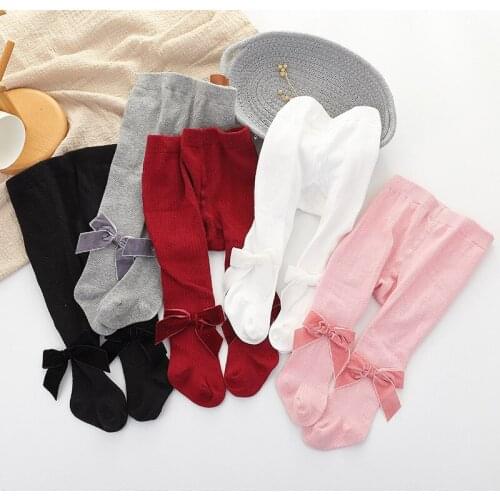 FOCUSNORM Newborn Solid Color Pantyhose Baby Girls Boys Tights 5 Colors Autumn Winter Stretchy Leggings with Bowknot