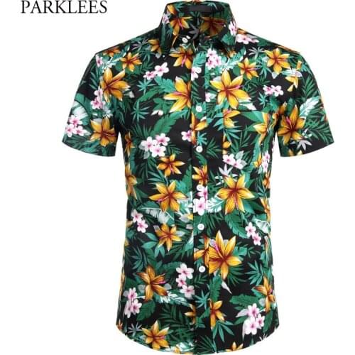 Cotton Floral Hawaiian Shirt for Men Summer Short Sleeve Mens Flower Beach Aloha Shirts Causal Pocket Holiday Camisas Hombre XXL
