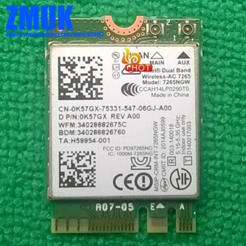 Int Wireless-AC 7265 Dual Band WLAN 802.11 ac/a/b/g/n + Bluetooth 4.0 M.2 WiFi Card 7265NGW, P/N: 0K57GX 0XX3YM 0R39XC