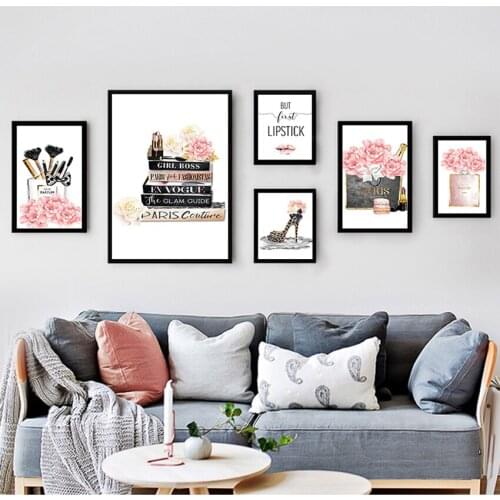 Artwork Picture Beauty Salon Girls Room Decoration Makeup Fashion Poster Print Perfume Bag Leopard Shoes Canvas Painting Trendy