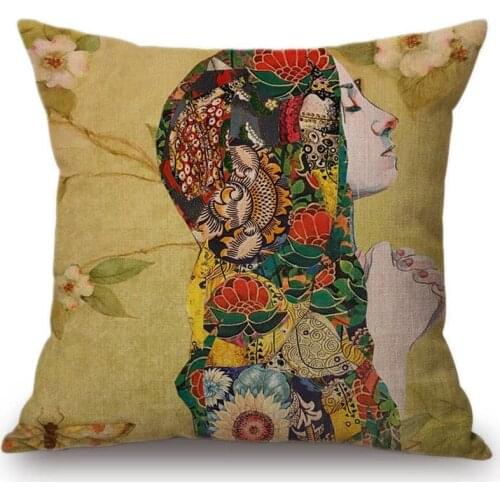 Klimt Mucha Style Nouveau Art Fashion Sofa Chair Decorative Pillow Case Girl Face Gallery Collection Cotton Linen Cushion Cover