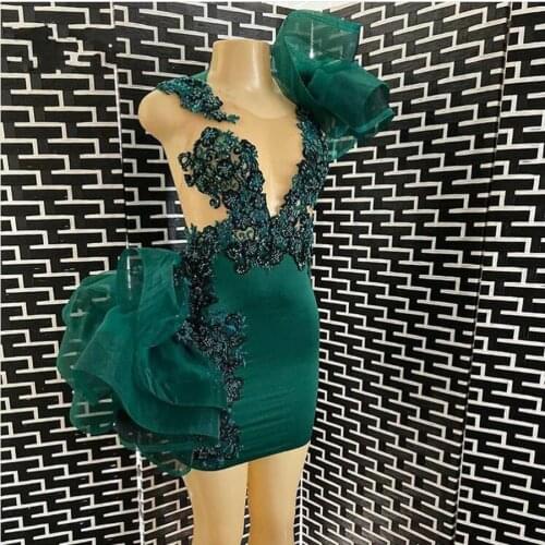 Short Hunter Green Prom Dresses Above Knee Night Party Gowns Beads vestido de curto Cocktail Dress Tulle Ruffle Sheer