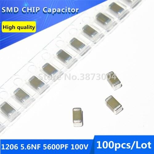 100pcs 1206 5.6NF 5600PF 100V 10% Thick Film Chip Multilayer Ceramic Capacitor