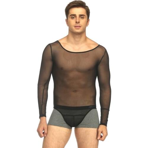 Male Sexy Stretchy Mesh Teddy Bodysuit Slim Long Sleeves Transparent Body Shaper Body suit Sexy Lingerie for Men Plus Size XXXL