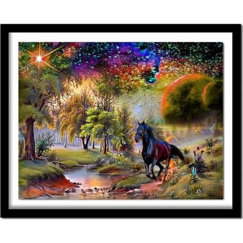 New 5D DIY Diamond Painting Black Horse Embroidery Full Square Diamond Cross Stitch Landscape Rhinestone Painting Decor