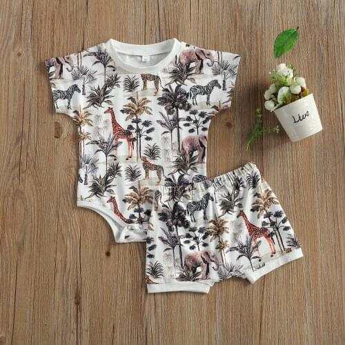Toddler Baby 2pcs Casual Outfit Set Short Sleeve Animal Print Romper+Shorts Set for Children Outwear Cotton Summer Clothings