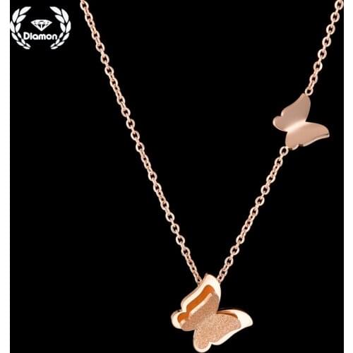 Diamon Fashion Stainless Steel Necklace For Women Vintage Double Butterfly Choker Pendant 2 Colors Chain Jewelry Girls Gift