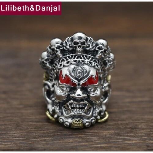 Luxury Vintage Men Ring 925 Sterling Silver Opening Ring Jewelry Ethnic Buddha Finger Ring Red Gem Skeleton Fine Jewelry FR60