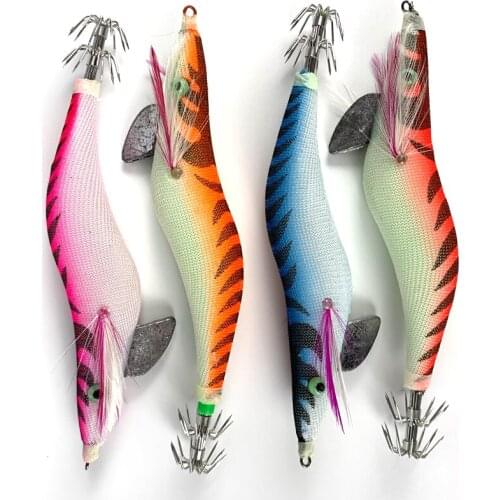 Topline Luminous Squid Jig Fishing Wood Shrimp Lure Squid Cuttlefish Jigs Lures Spinnerbait Wood Shrimp with 2.5# 3.0# 3.5# Hook