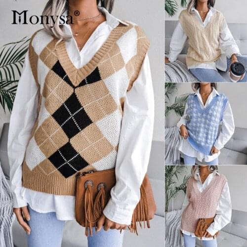 Knitted Sweaters For Women Fashion 2021 Autumn Winter Clothes Casual Plaid Sweater Vest Women Pullovers Blue Pink Gray Khaki