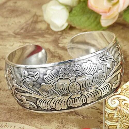 Tibet Silver Color Flower Bangle For Women Beautiful Peony Bracelet Cuff Hand Jewelry