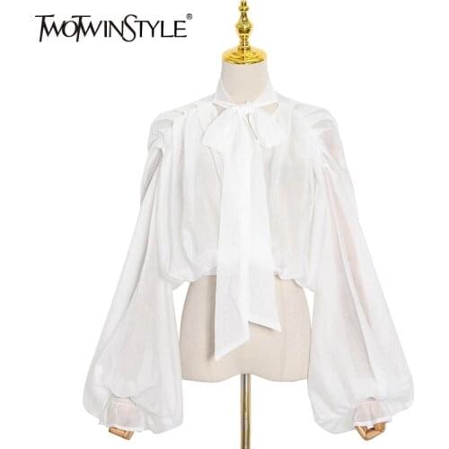 TWOTWINSTYLE Loose Bandage Shirt For Women Stand Collar Long Sleeve Minimalist Solid Blouses Female 2021 Clothing Korean Fashion
