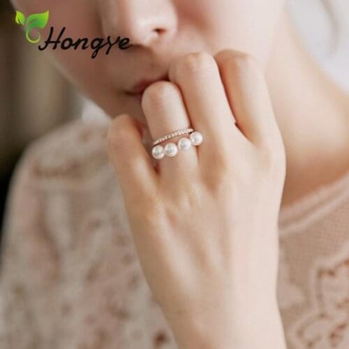 Hongye Top Quality Rose Gold Pearl Ring For Women Female Adjustable Ring Band 925 Sterling Silver Zircon Decorative Jewelry Gift