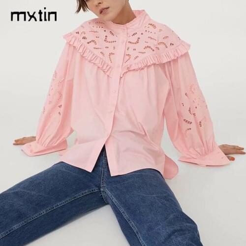2021 Women Spring Fashion Pink Embroidery Blouses Vintage Autumn Button Bow V Neck Long Sleeve Female Shirts Blusas Chic Tops