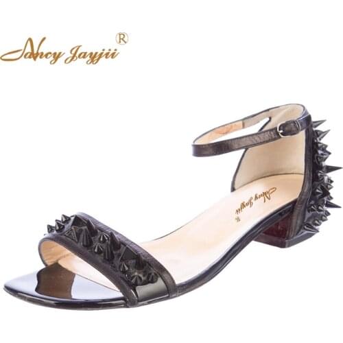 BC Women Fashoin Black Patent Leather Ankle-Wrap Buckle Strap With Rivets Low Square Heels Sandals Shoes ,Large Size 4-16