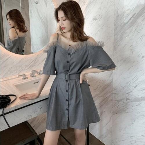 Dresses For Women 2021Lace Ruffleoff Splicing Sexy Slip Fairy Shoulder DressRobe Vestido Temperament Gray A175