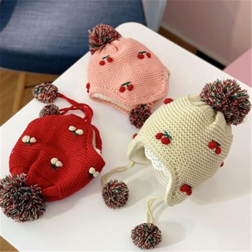 Winter Plush Pompom Cherry Ear Warm Kids Children Thick Skullies Beanies Elastic Hat Cap Girl Fashion Accessories-QNC