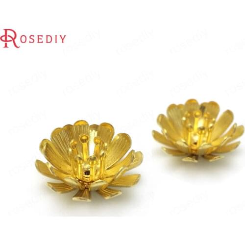 35811)20PCS 15x7MM Hanging Hole 0.8MM 24K Gold Color Brass 3D Flowers Beads Caps High Quality Diy Jewelry Findings Accessories