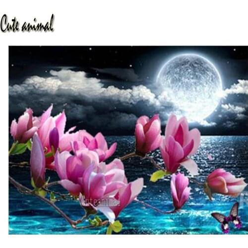 Diamond Painting 5D Magnolia Pink Flower Diamond Embroidery Full Drill Square Cross Stitch Set DIY Seascape Moon New Arrival