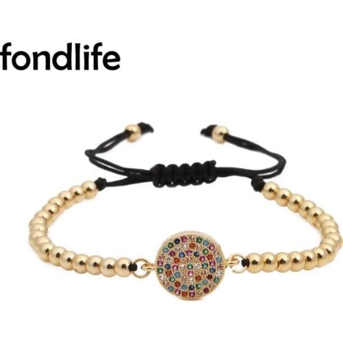 AAA Multicolor Cubic Zirconia Stones Round Candy Circle Charm Bracelet Men Women 4mm Gold-plated Copper Beads Jewelry Present