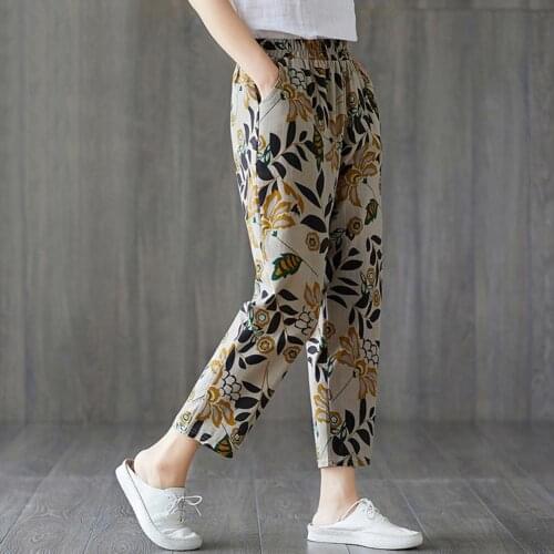 Women Thin Pocket Loose Elastic Waist Floral Print Capri Pants Harem Trousers Womens printed slacks