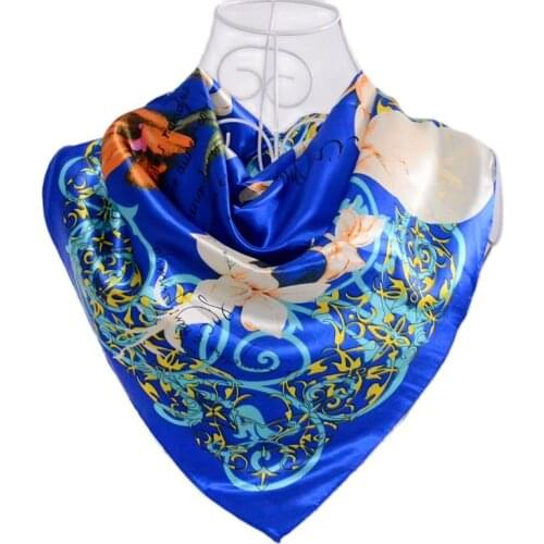 BYSIFA Spring Autumn Dark Blue Satin Ladies Scarves 90*90cm Women All Match Flowers Silk Scarf Shawl Hot Sale Muslim Headscarves