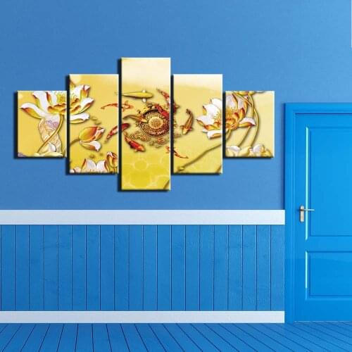 Home Decor Canvas Lotus Wall Art Carp Paintings Chinese Style Prints Golden Modern Modular Poster Living Room Framework