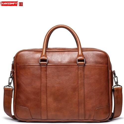 Mens Leather Handbag Genuine Leather Briefcase Large Capacity Computer Bag Cowhide Crossbody Bag and America New Europe 15.6"