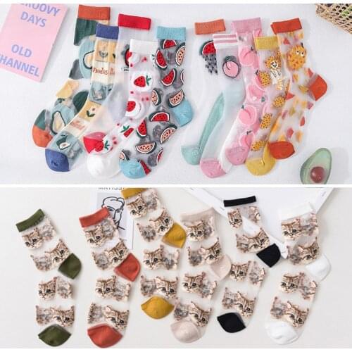 New Fashion Harajuku Socks High Quality Creative Crystal Silk Tide Sock Summer Cartoon Fruit Glass Silk Women Lovely Sox