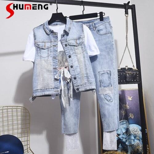 European New Denim Suit 2021 Summer Handmade Light Blue Diamonds Sleeveless Personalized Bronzing Vest Denim Cropped Pants Set