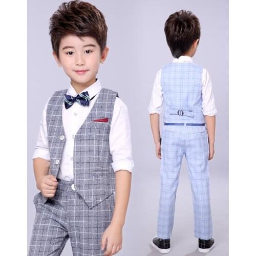 Autumn boy Formal Wedding Prom Suits Sets Children Classic Plaid Vest Pants 2PCS Clothing Sets Kids Tuxedo Party Slim Costume