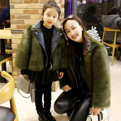 Mother and Girl Warm fur Coat Jacket Faux fox Grass High Quality Plush+leather Winter Artificial Fur Mother Kids Clothes
