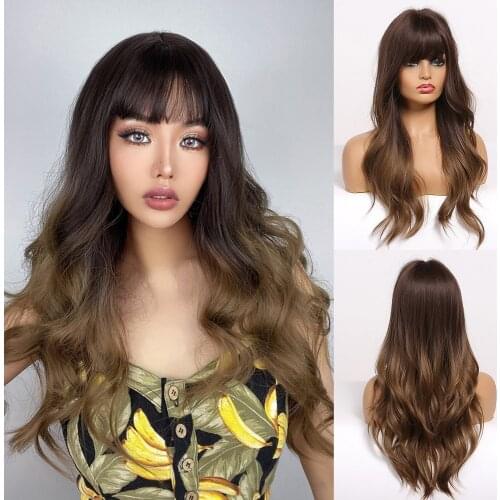 LOUIS FERRE Honey Brown Ombre Hair Wig with Bangs Long Wave Synthetic Wigs for White/Black Women Daily Party Wigs Heat Resistant