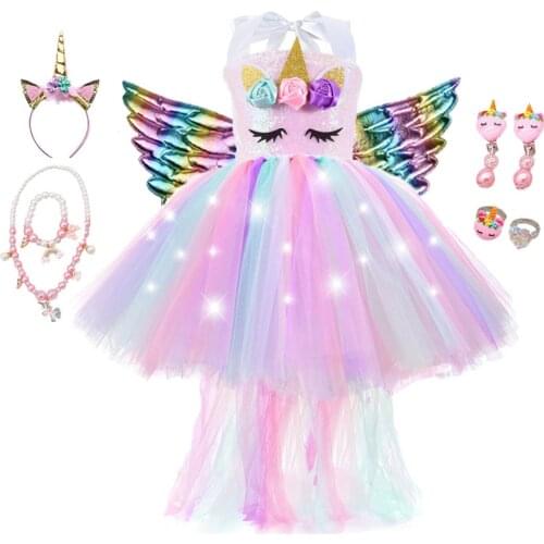 Girls Summer Glowing Unicorn Dress with Long Tail Fancy Girl Princess Unicorn Birthday Party Tutu Dresses Halloween Costume Gift