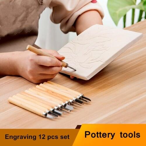 Pottery carving knife with wooden handle 12-piece sculpture knife carving chapter lettering carving pottery DIY carving tools