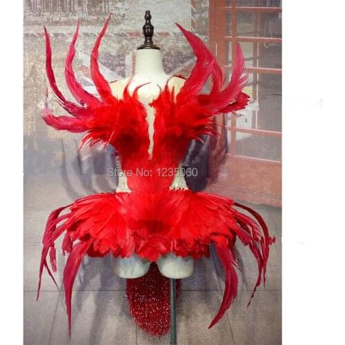 Red feather stage costume sexy see thought female singer performance outfit bar nightclub DS DJ party rave bodysuit