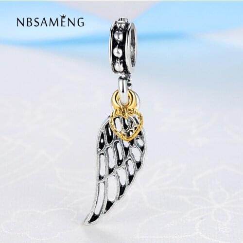 Alloy Bead Charm Angel Feather Wing With Gold Love Heart Pendant Beads Fit Bracelet & Bangle DIY Jewelry YW30050