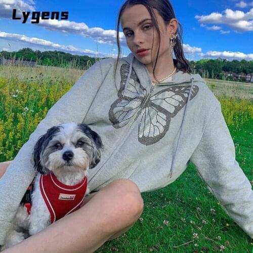 Lygens Diamond Butterfly Women Gray Hoodie Jacket Zip Long Sleeve Loose Oversize Streetwear 2020 Autumn Winter Outwear Casual