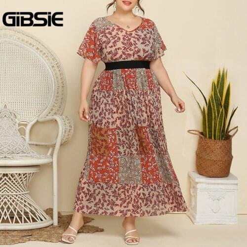 GIBSIE Patchwork Print Maxi Long Dress Plus Size V-Neck Short Sleeve Summer Dresses 2021 Women Elegant High Waist A-Line Dress