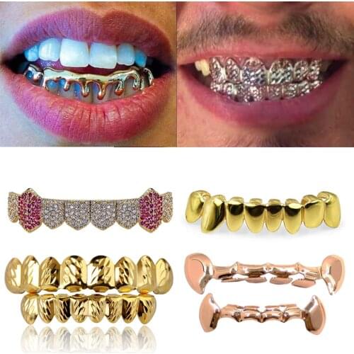 Gold Punk Hip Hop Up and Bottom Teeth Grillz Dental Mouth Fang Grills Braces Vampire Tooth Cap Cosplay Party Rapper Jewelry