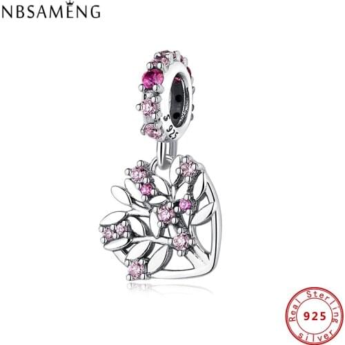 100% Authentic 925 Sterling Silver 2021 Charms Pink Family Tree CZ Fit Original Bracelets Making Fashion DIY Jewelry For Women