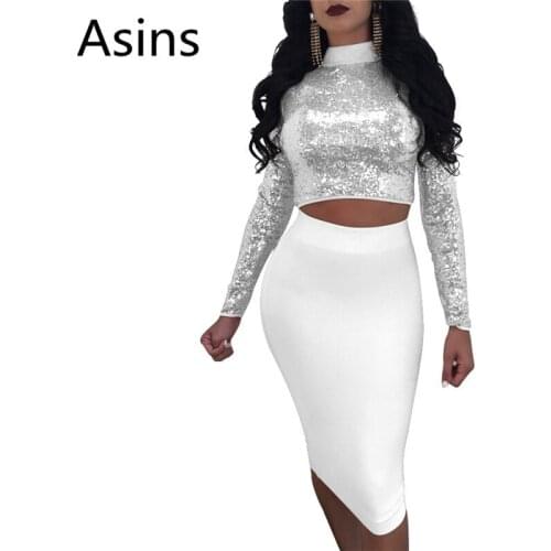 Asins Sexy sequin two piece set 2019 spring new hot women casual fashion o neck Multiple wearing methods sequin two piece set