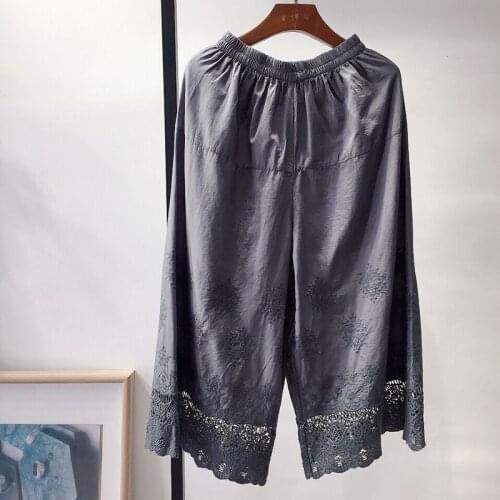 Summer Womens Cotton and Linen Wide Leg Pants Embroidered Flowers Hollow Lace Loose Casual Pants