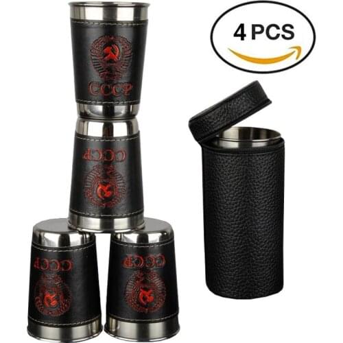4Pcs/Lot 170ml Travel Cups Outdoor Camping Cup Tableware Home Wine Whiskey Mugs Stainless Steel With Black PU Leather For Hiking
